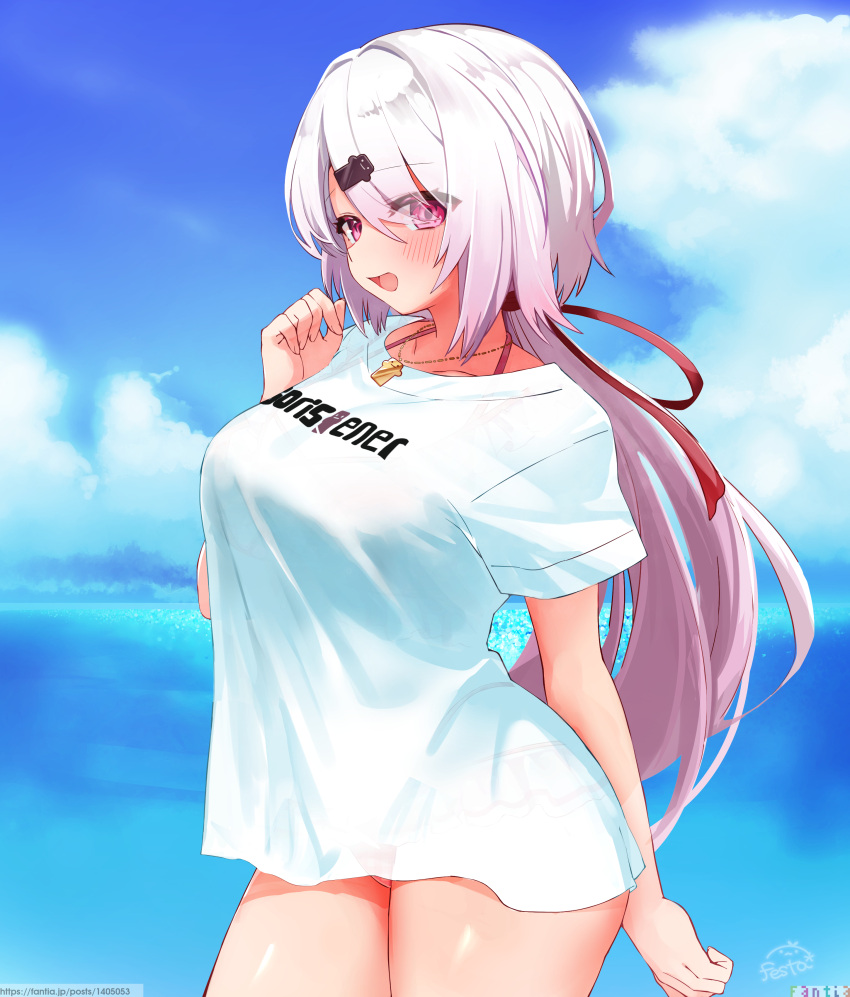 1girl absurdres bikini bikini_under_clothes blush breasts clothes_writing eyes_visible_through_hair festa11307070 hair_ornament hair_ribbon hairclip highres jewelry large_breasts long_hair looking_at_viewer low_ponytail necklace nijisanji ocean official_alternate_costume open_mouth paid_reward_available pink_bikini pink_hair plaid plaid_bikini red_ribbon ribbon see-through shiina_yuika shirt short_sleeves sky smile solo swimsuit t-shirt taut_clothes taut_shirt very_long_hair virtual_youtuber web_address wet wet_clothes white_shirt