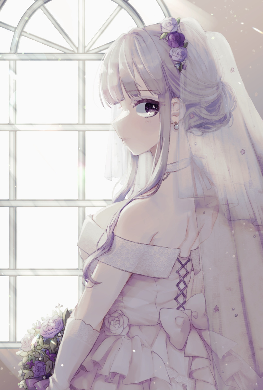 1girl alternate_costume alternate_hair_ornament alternate_hairstyle bangs bare_shoulders bouquet bow breasts bridal_veil closed_mouth commentary_request danganronpa:_trigger_happy_havoc danganronpa_(series) dress earrings flower from_side gloves grey_bow grey_choker grey_dress grey_gloves hair_flower hair_ornament highres holding holding_bouquet holding_flower indoors jewelry kirigiri_kyouko large_breasts off-shoulder_dress off_shoulder pink_hair shiny shiny_hair sidelocks sideways_glance solo standing veil wedding_dress window yukiusagi_(yukiusa)
