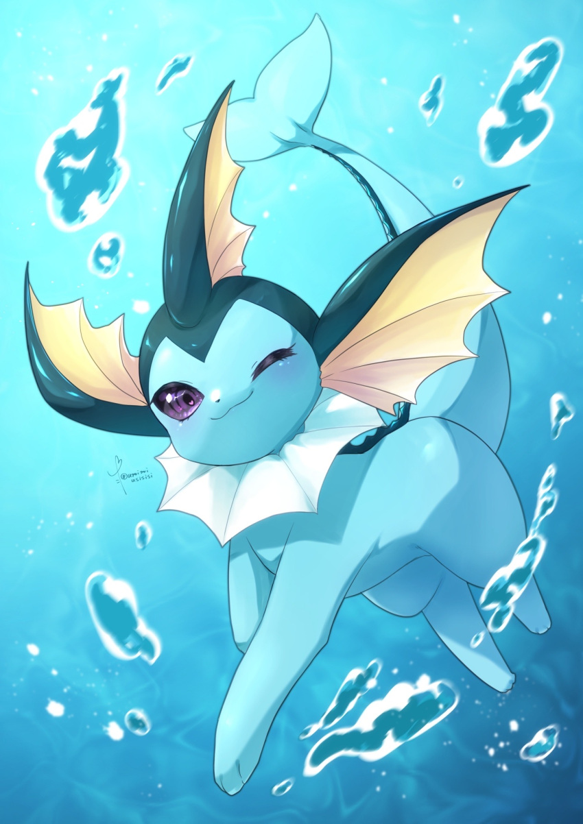 ;) aije air_bubble blurry bubble closed_mouth commentary_request full_body highres no_humans one_eye_closed pokemon pokemon_(creature) purple_eyes signature smile solo underwater vaporeon