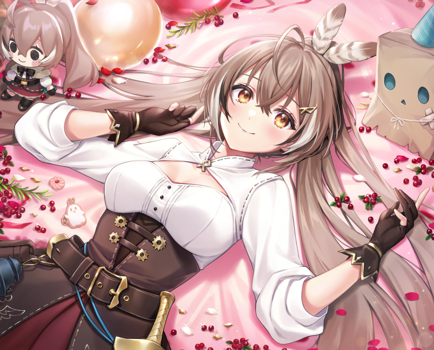 1girl bed_sheet black_gloves black_hair breasts brown_eyes brown_feathers brown_hair character_doll closed_mouth commentary_request feather_hair_ornament feathers friend_(nanashi_mumei) gloves hair_ornament highres hololive hololive_english long_hair long_sleeves looking_at_viewer lying medium_breasts multicolored_hair nanashi_mumei on_back partially_fingerless_gloves pleated_skirt ponytail puffy_long_sleeves puffy_sleeves red_skirt shiao shirt skirt smile solo_focus streaked_hair very_long_hair virtual_youtuber white_hair white_shirt