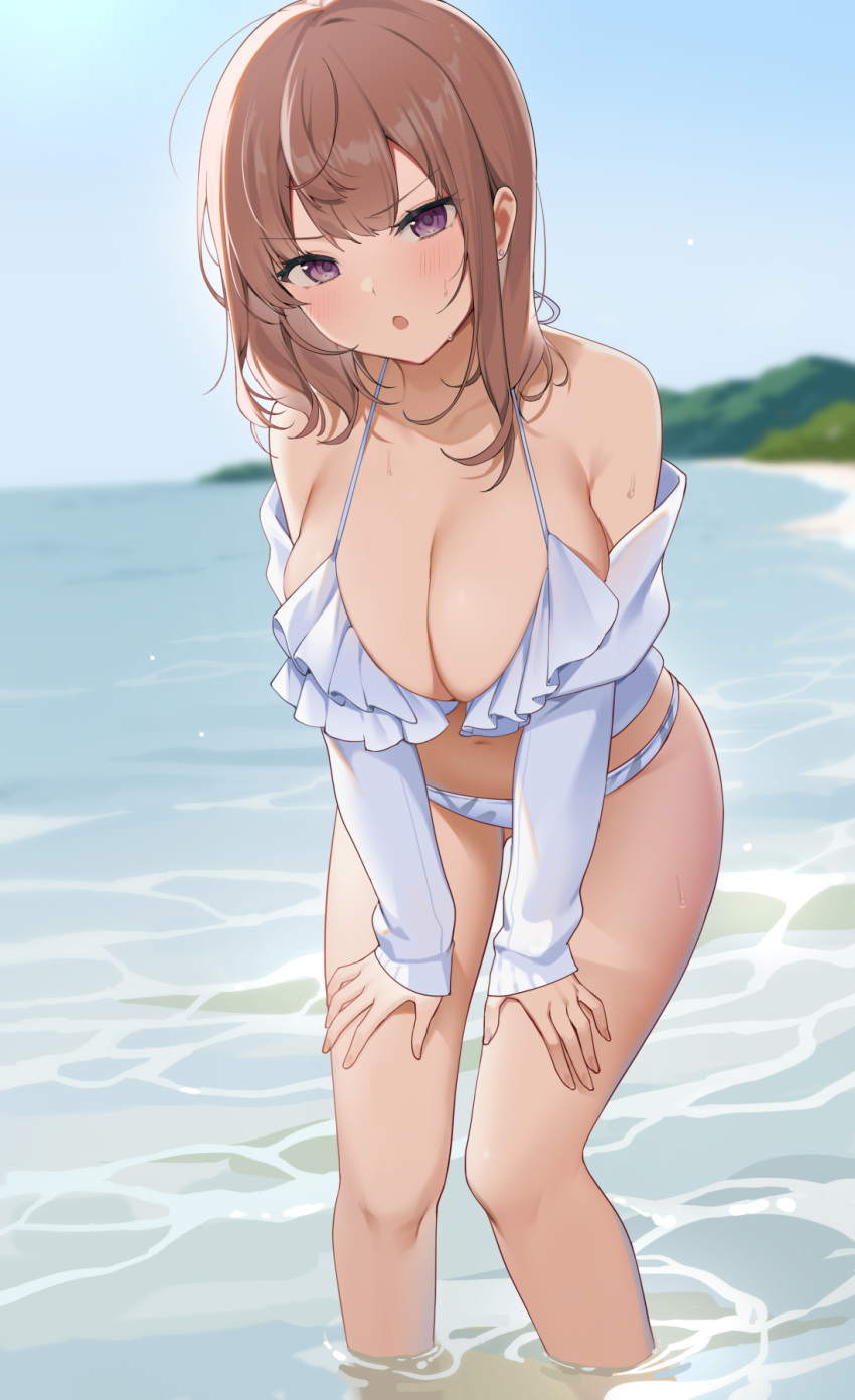 1girl :o ass_visible_through_thighs banned_artist bare_legs bare_shoulders bikini blurry breasts brown_hair caustics cleavage day depth_of_field frown halterneck hands_on_own_thighs highres icomochi jacket large_breasts leaning_forward long_hair long_sleeves looking_at_viewer navel off_shoulder open_clothes open_jacket open_mouth original outdoors purple_eyes solo standing stomach strap_gap string_bikini swimsuit thighs v-shaped_eyebrows wading water wet white_bikini white_jacket