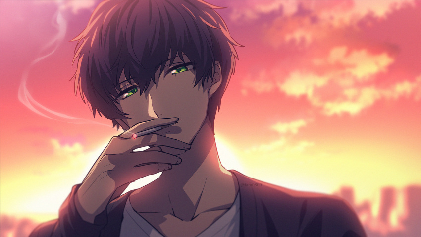 1boy asada_hachi bangs banned_artist between_fingers black_jacket cigarette cloud collarbone commentary dynamic_chord evening gradient_sky green_eyes hair_between_eyes hand_up highres hinoyama_sakura holding holding_cigarette jacket long_sleeves looking_at_viewer male_focus outdoors portrait purple_hair shirt short_hair sky smoke smoking solo sunset twitter_username watermark white_shirt