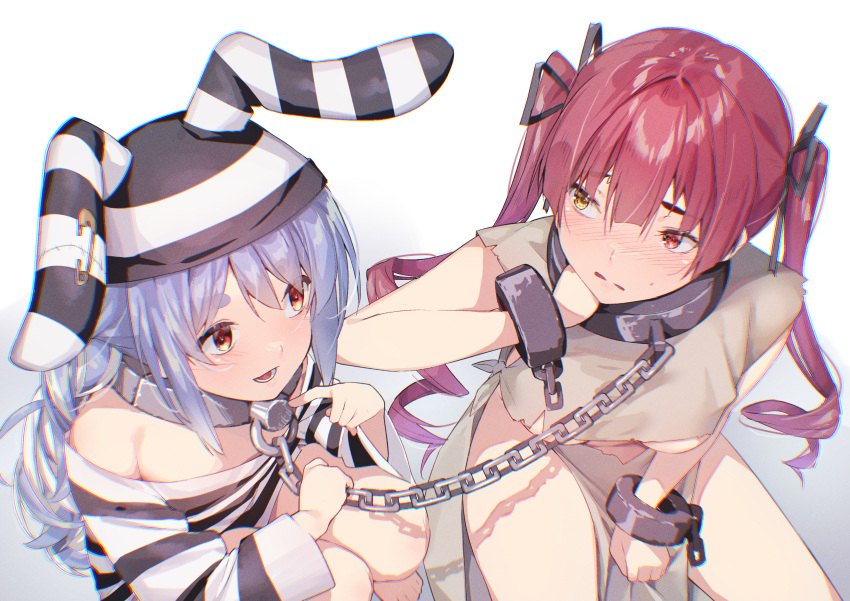 2girls absurdres bangs bare_arms between_legs blue_hair blush bound_together breasts chain collar cuffs dress drill_hair hair_ribbon hand_between_legs highres hololive houshou_marine koubou_(cowbow_kun) linked_collar long_hair long_sleeves looking_at_another medium_breasts metal_collar multicolored_hair multiple_girls open_mouth parted_lips red_eyes red_hair ribbon streaked_hair striped striped_dress striped_headwear thick_eyebrows torn_clothes torn_dress twin_drills twintails usada_pekora virtual_youtuber white_hair yellow_eyes