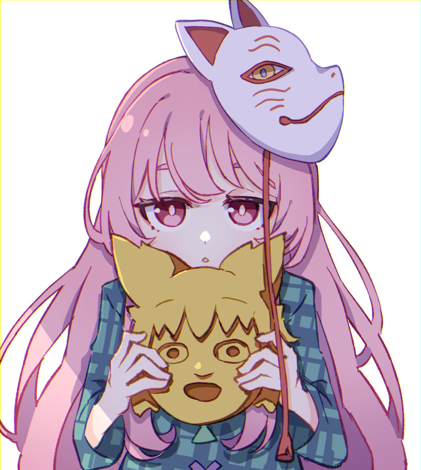 1girl absurdres aqua_shirt fox_mask hata_no_kokoro highres holding holding_mask kame_(kamepan44231) long_hair long_sleeves mask mask_on_head new_mask_of_hope parted_lips pink_eyes pink_hair plaid plaid_shirt shirt simple_background solo touhou upper_body white_background