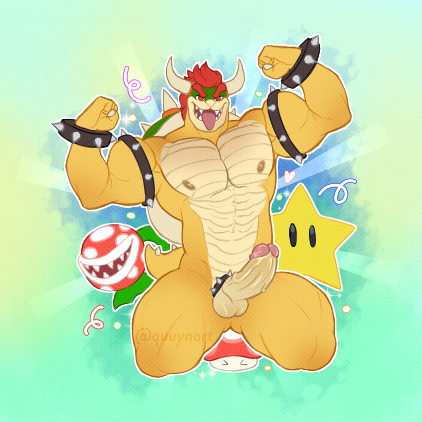 1:1 2022 abs accessory anthro armband balls biceps big_muscles big_penis blue_background bowser bowser_day bracelet claws cock_ring collar elemental_creature emanata erection eyebrows flexing flora_fauna fungus genitals hair hi_res horn humanoid_genitalia humanoid_penis jewelry kneeling koopa male mario_bros muscular muscular_anthro muscular_male mushroom nintendo nipples non-mammal_balls non-mammal_nipples nude obliques open_mouth open_smile pecs penis penis_accessory penis_jewelry piranha_plant plant quuynart scalie simple_background smile solo spiked_armband spiked_bracelet spiked_cock_ring spiked_collar spikes star teeth text thick_thighs tongue url video_games
