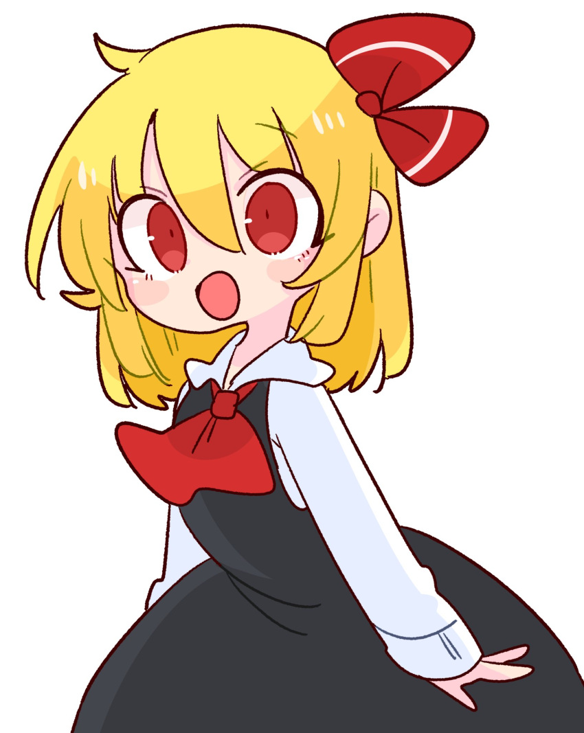 1girl :d ascot black_vest blonde_hair hair_between_eyes highres looking_at_viewer op_na_yarou open_mouth red_ascot red_eyes rumia shirt short_hair simple_background smile solo touhou vest white_background