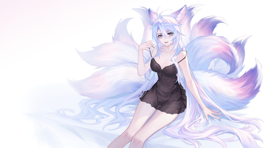 1girl :d absurdres animal_ears bare_legs breasts brown_eyes cleavage collarbone feet_out_of_frame fox_ears fox_girl fox_tail highres kirby_d_a large_breasts lingerie long_hair looking_at_viewer multiple_tails negligee open_mouth original pulled_by_self sitting smile solo spaghetti_strap strap_pull strap_slip tail underwear very_long_hair white_hair