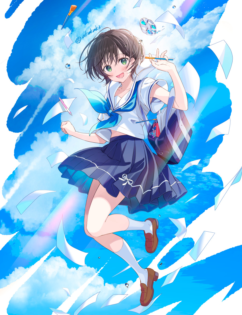 1girl akamoku bangs banned_artist blue_neckerchief blue_skirt blue_sky blush brown_footwear brown_hair cloud floating green_eyes hands_up highres holding holding_paintbrush loafers looking_at_viewer midriff_peek neckerchief open_mouth original outdoors paintbrush paper pencil pleated_skirt sailor_collar school_uniform serafuku shoes short_hair skirt sky smile socks solo white_sailor_collar white_socks