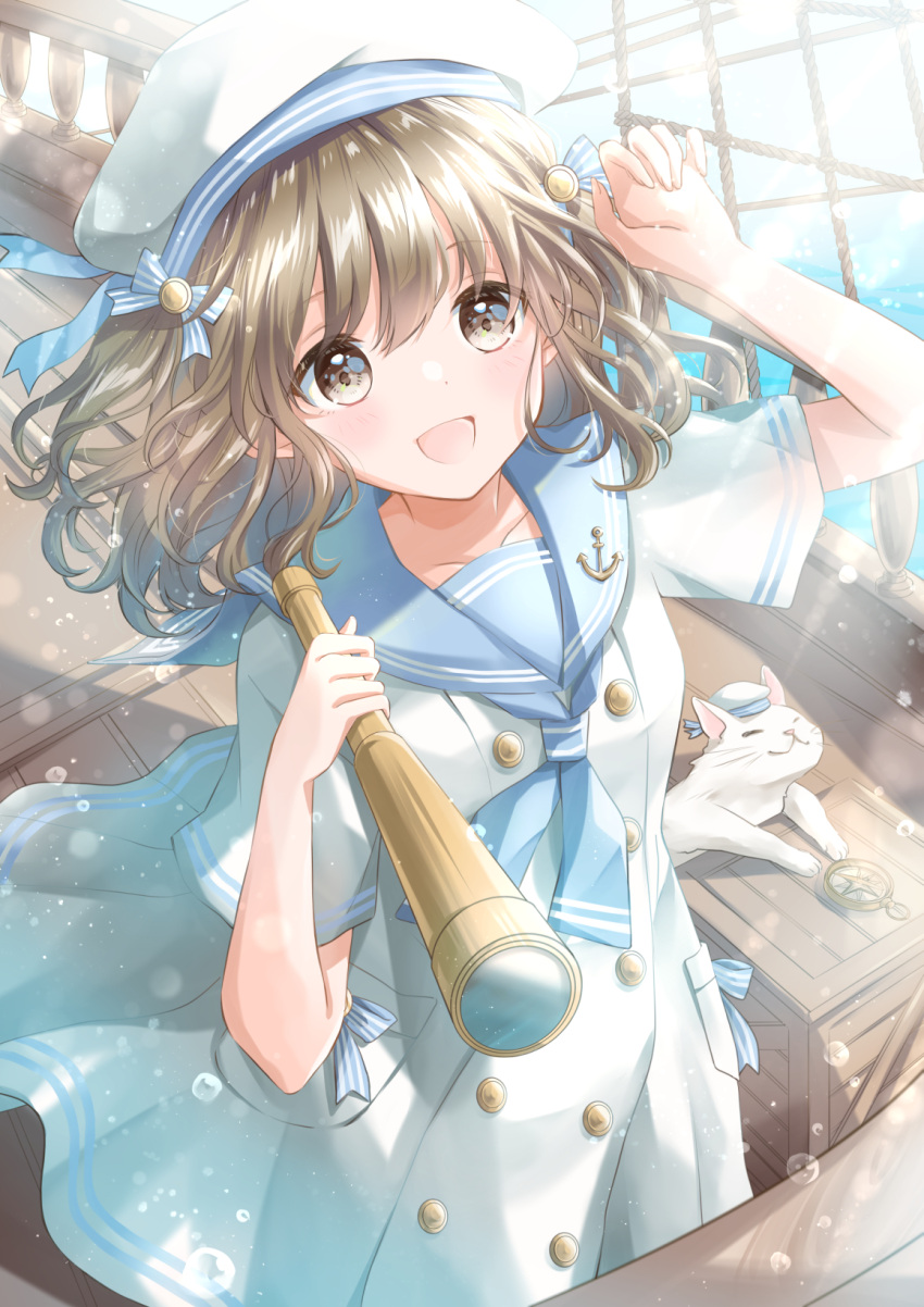 1girl :d anchor_ornament beret blue_bow blue_sailor_collar boat bow brown_eyes brown_hair buttons cat commentary compass crate day double-breasted dress hair_bow hand_up hat highres holding_telescope hoshiibara_mato light_brown_hair looking_up original sailor sailor_collar sailor_dress sailor_hat short_sleeves smile solo striped striped_bow sunlight telescope watercraft white_cat white_dress white_headwear