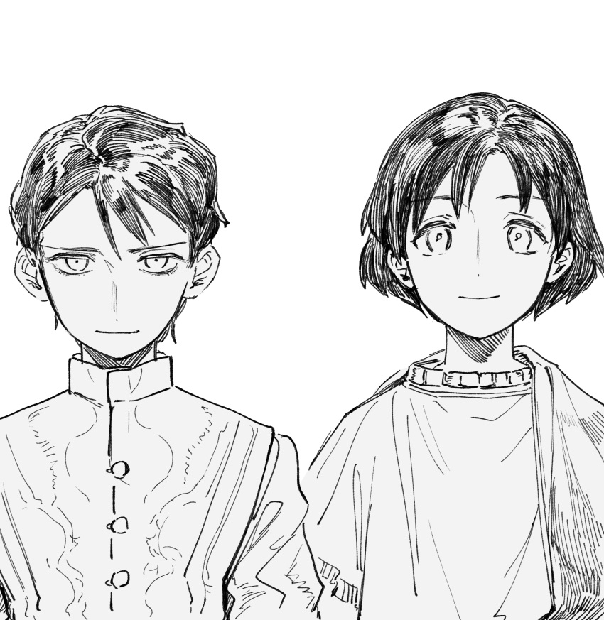 2boys bangs buttons cloak closed_mouth constantine_xi_(fate) expressionless fate/grand_order fate_(series) greyscale hair_between_eyes highres light_smile looking_at_viewer male_focus mehmed_ii_(fate) monochrome multiple_boys parted_bangs qmiqun shirt short_hair simple_background straight-on tunic upper_body vest white_background younger