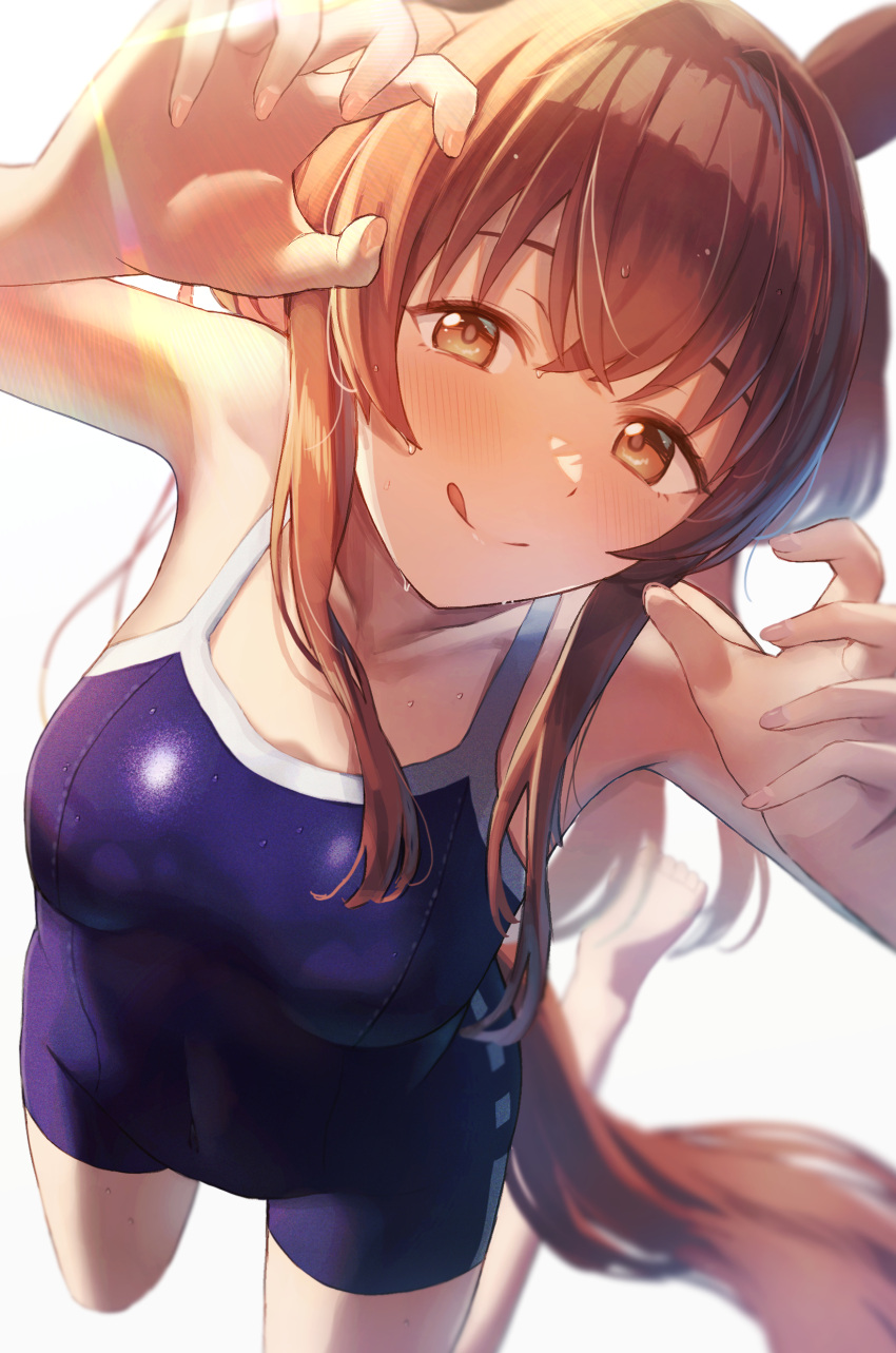 1girl :q absurdres animal_ears bangs blue_swimsuit blush breasts brown_eyes brown_hair highres horse_ears horse_girl horse_tail long_hair looking_at_viewer mayano_top_gun_(umamusume) ray_mil68 simple_background smile solo swimsuit tail tongue tongue_out umamusume wet white_background