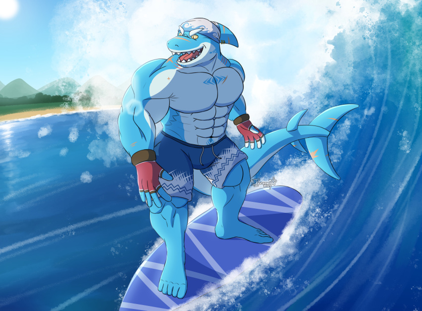 abs absurd_res anthro bandanna beach biceps blue_body blue_scales clothed clothing countershading day detailed_background digitigrade fingerless_gloves fish gloves handwear hi_res isaribi kerchief kurenai_(artist) lens_flare lifewonders live-a-hero male marine muscular muscular_anthro muscular_male open_mouth pecs scales scar seaside shark sharp_teeth solo standing sun surfboard surfing swimming_trunks swimwear teeth topless video_games water white_body white_countershading white_scales yellow_sclera