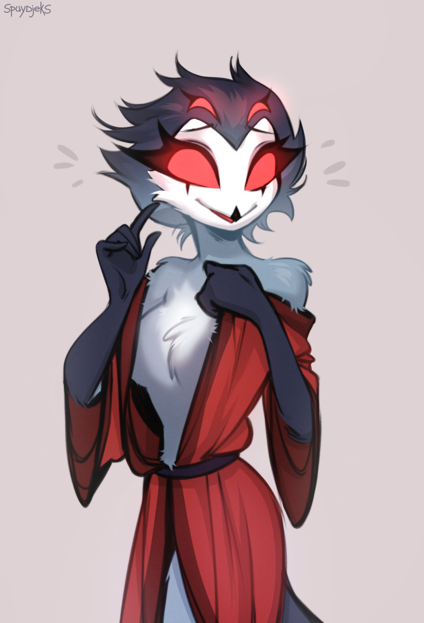 5_fingers anthro avian bird chest_tuft clothed clothing feathers fingers grey_body grey_feathers helluva_boss hi_res looking_at_viewer male multi_eye owl owl_demon red_eyes robe simple_background smile smiling_at_viewer solo spuydjeks stolas_(helluva_boss) tuft