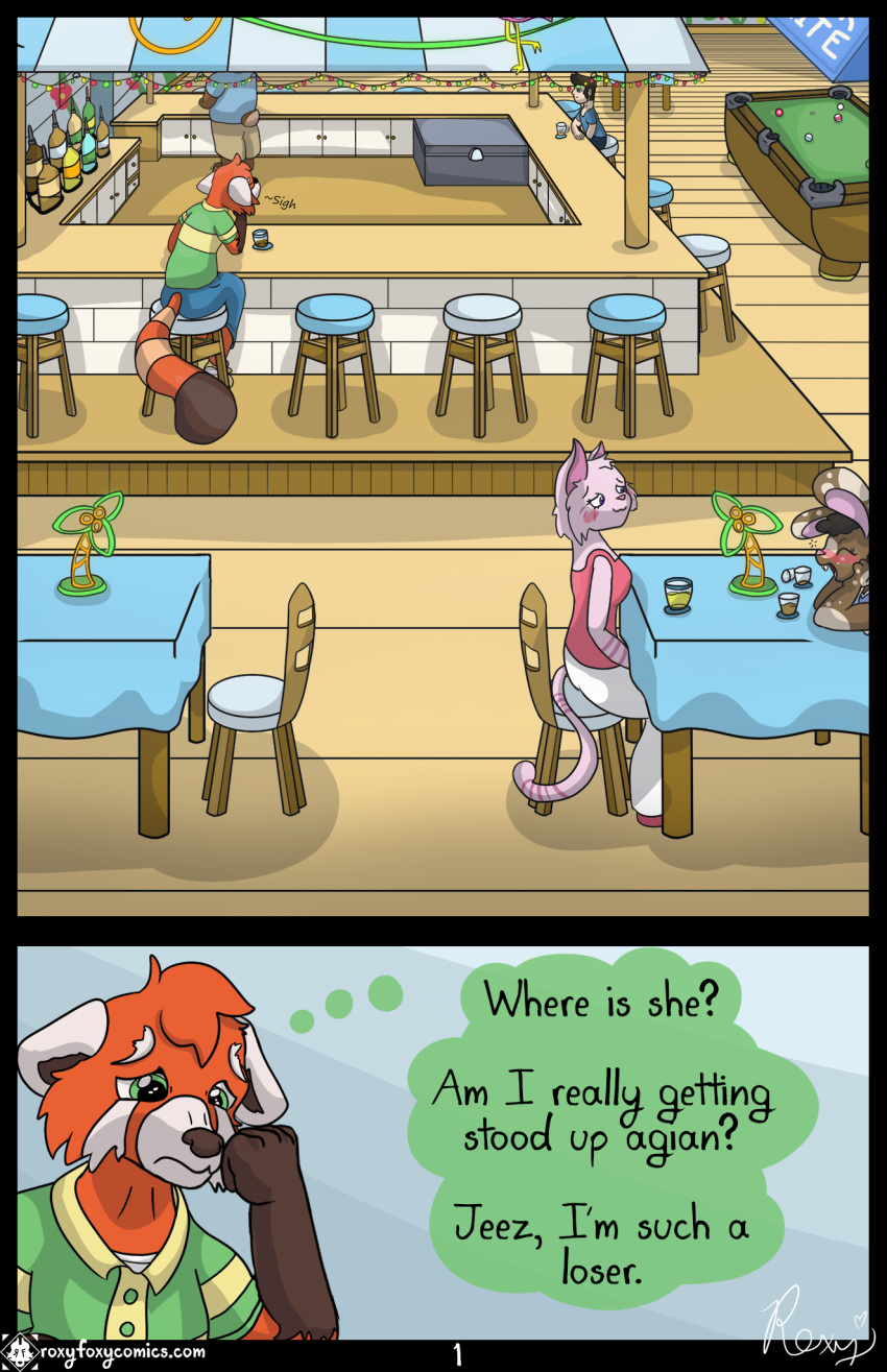 ailurid anthro bar beverage clothed clothing comic english_text group hi_res lonely male mammal red_panda roxythefoxy sad sigh solo text