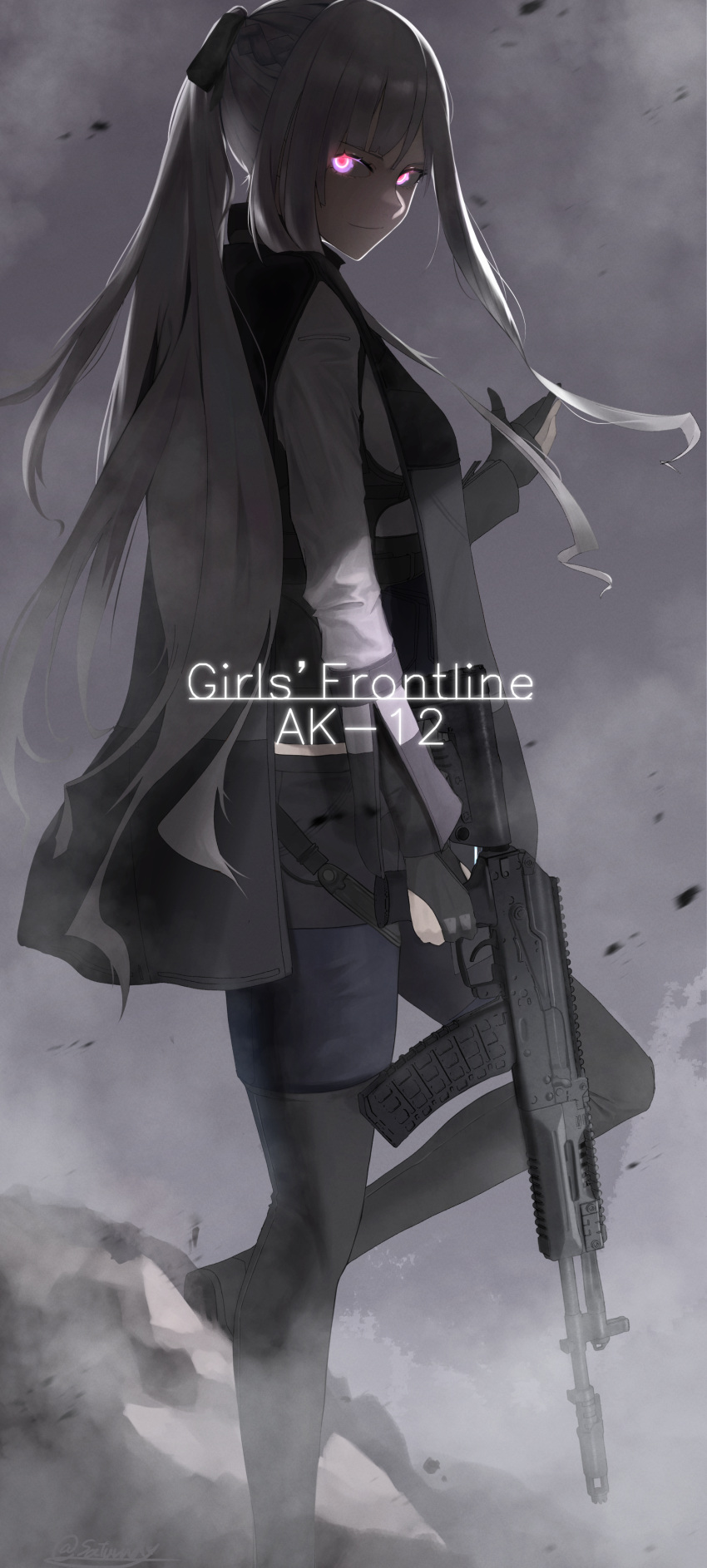 1girl absurdres ak-12 ak-12_(girls'_frontline) artificial_eye assault_rifle bangs black_footwear black_gloves black_pants boots braid character_name closed_mouth copyright_name french_braid girls'_frontline gloves glowing glowing_eyes grey_hair gun high_ponytail highres holding holding_gun holding_weapon kalashnikov_rifle long_hair long_sleeves looking_at_viewer mechanical_eye pants partially_fingerless_gloves purple_eyes rifle saturndxy sidelocks smile solo standing tactical_clothes thigh_boots twitter_username weapon