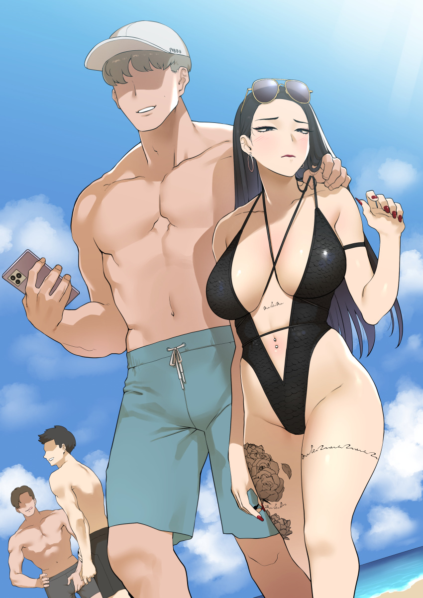 1girl 3boys absurdres ah-lyong_lee arm_around_shoulder baseball_cap beach black_eyes black_hair black_swimsuit blue_sky blush breasts cellphone cleavage closed_mouth cloud cloudy_sky day earrings embarrassed eyeshadow eyewear_on_head faceless faceless_male feet_out_of_frame fingernails flower_tattoo frown furrowed_brow groin hand_under_clothes hand_under_swimsuit hat highres holding holding_phone hoop_earrings jewelry korean_commentary large_breasts leg_tattoo lips lipstick long_hair looking_down makeup male_swimwear multiple_boys nail_polish navel navel_piercing no_eyes one-piece_swimsuit original outdoors phone piercing purple_eyeshadow red_lips red_nails sharp_fingernails short_hair sky smartphone stomach_tattoo straight_hair sunglasses sunlight swim_trunks swimsuit tattoo topless_male walking white_headwear