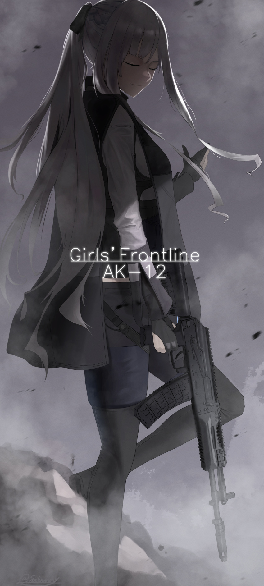 1girl absurdres ak-12 ak-12_(girls'_frontline) assault_rifle bangs black_footwear black_gloves black_pants boots braid character_name closed_eyes closed_mouth copyright_name french_braid girls'_frontline gloves grey_hair gun high_ponytail highres holding holding_gun holding_weapon kalashnikov_rifle long_hair long_sleeves looking_at_viewer pants partially_fingerless_gloves revision rifle saturndxy sidelocks smile solo standing tactical_clothes thigh_boots twitter_username weapon