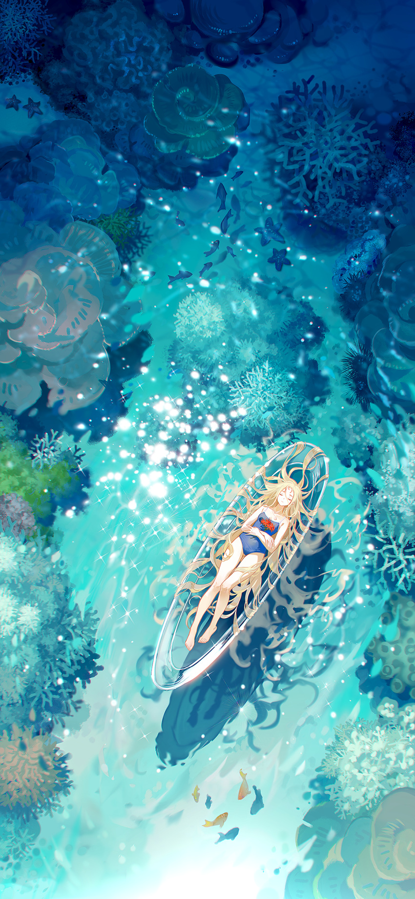 1girl absurdly_long_hair absurdres bare_arms bare_legs bare_shoulders barefoot blonde_hair blue_swimsuit closed_eyes closed_mouth competition_school_swimsuit crossed_arms day feet fish flower from_above full_body highleg highleg_swimsuit highres jewelry kofune_ushio long_hair lying necklace ocean on_back one-piece_swimsuit outdoors red_flower school_swimsuit shell_necklace solo summertime_render swimsuit thighs tidsean toes very_long_hair water