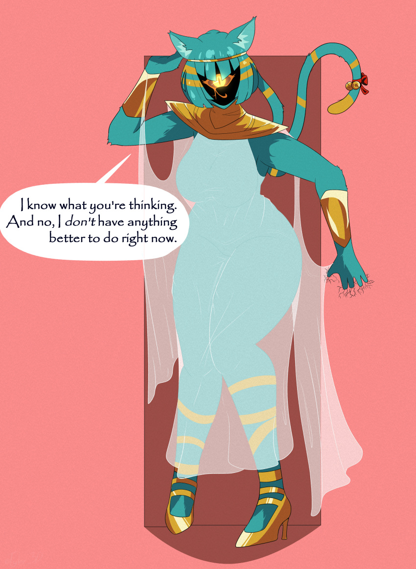 absurd_res anthro assertive assertive_female bell big_breasts blue_body blue_fur breasts clothing dialogue dominant dominant_female dress egyptian eldritch_horror english_text female footwear fur gold_(metal) gold_jewelry hi_res high_heels humanoid jewelry living_tail looking_at_viewer nyanlathotep_(sucker_for_love) seductive simple_background solo sucker_for_love tail_head talking_to_viewer tall text thick_thighs translucent translucent_clothing tyler_3d_(artist) unusual_anatomy unusual_tail