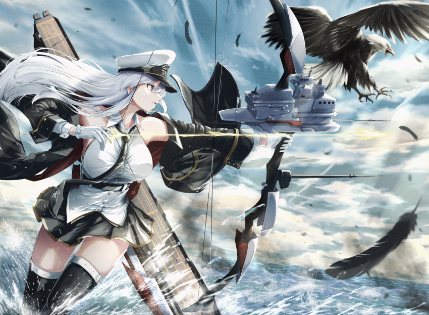 1girl absurdres arrow_(projectile) azur_lane bald_eagle belt bird black_belt black_coat black_necktie black_skirt bow coat eagle end_mha end_syuuuu enterprise_(azur_lane) feathers flight_deck grim_(azur_lane) hat highres long_hair military_hat miniskirt necktie ocean open_clothes open_coat peaked_cap pleated_skirt rigging shirt skirt sleeveless sleeveless_shirt thighhighs very_long_hair white_hair white_headwear white_shirt