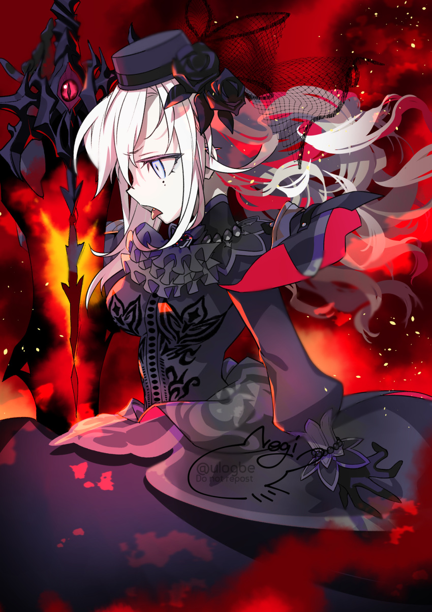 1girl ascot bangs black_capelet black_dress black_flower black_gloves black_headwear black_rose breasts capelet dress fate/grand_order fate_(series) fire flower gloves grey_eyes hat highres kriemhild_(fate) large_breasts long_hair long_sleeves mole mole_under_eye negi_(ulog'be) open_mouth rose solo sword veil weapon white_hair