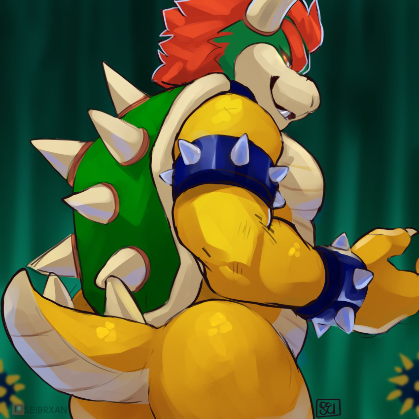 anthro big_muscles bowser bracelet butt butt_focus clothing collar eyebrows fire hair hi_res horn jewelry koopa looking_at_viewer looking_back looking_back_at_viewer looking_down looking_down_at_viewer low-angle_view male mario_bros muscular muscular_anthro muscular_male narrowed_eyes nintendo nude rear_view scalie seibrxan smile solo spiked_bracelet spiked_collar spiked_tail spikes spikes_(anatomy) standing video_games