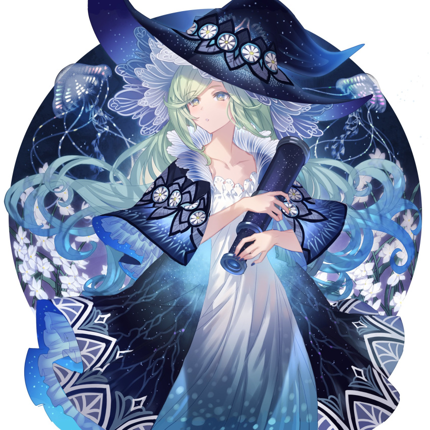 1girl animal blue_eyes blue_hair blue_nails blue_theme bright_pupils capelet collarbone cross-shaped_pupils dress eyes_visible_through_hair fingernails floral_print flower frills green_hair hat highres holding holding_telescope jellyfish long_hair makai_no_juumin multicolored_eyes multicolored_hair original see-through telescope very_long_hair white_dress white_flower white_pupils witch witch_hat yellow_eyes