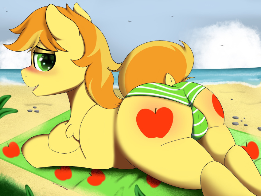 4:3 absurd_res beach blush braeburn_(mlp) bulge butt clothing cutie_mark day dicemarensfw digital_media_(artwork) dock earth_pony equid equine feral friendship_is_magic green_eyes half-closed_eyes hasbro hi_res horse looking_back male mammal my_little_pony narrowed_eyes pony raised_tail rock sea seaside solo swimming_trunks swimwear towel tuft water yellow_body