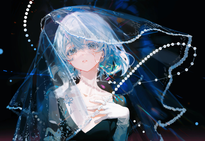 1girl beads black_background black_dress blue_hair character_request ciloranko collarbone copyright_request dark dress gloves hand_on_own_chest highres looking_at_viewer rainbow short_hair simple_background snowflake_print solo tears upper_body veil white_gloves