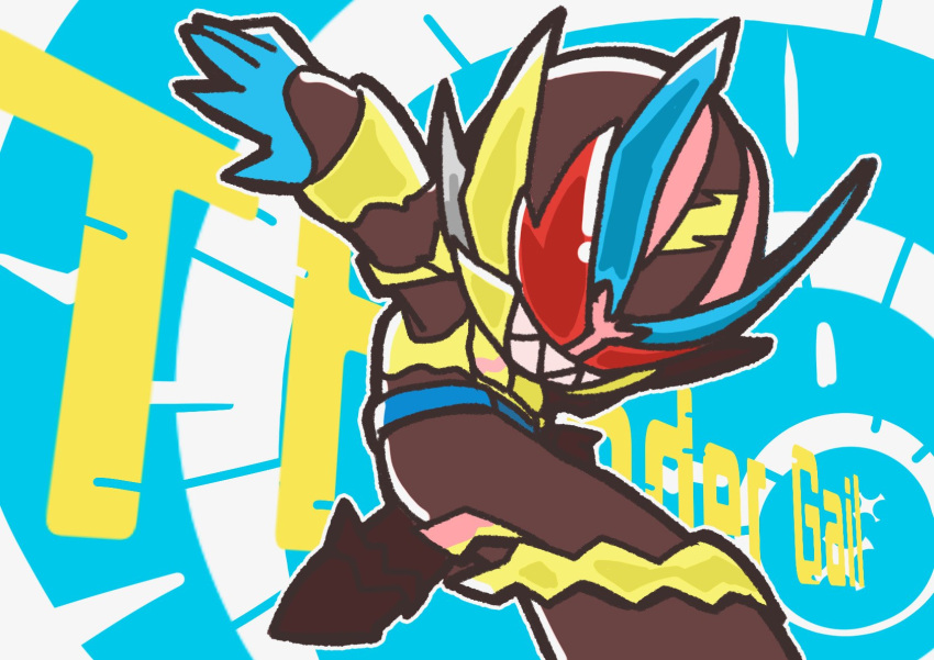 1boy black_bodysuit blue_background blue_gloves blue_horns bodysuit chibi commentary_request electricity gloves green_armor highres horns kamen_rider kamen_rider_revi kamen_rider_revice lightning looking_at_viewer looking_back male_focus pose q_l_p_hatodokei red_eyes sharp_teeth teeth thundergale_revice