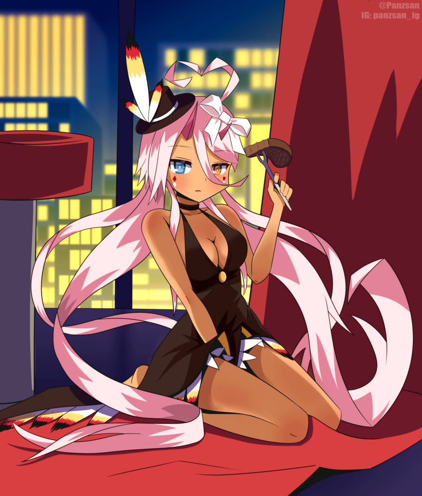 1girl absurdres ahoge azur_lane bangs black_dress black_headwear blue_eyes breasts carving_fork cleavage closed_mouth commentary covered_mouth dark-skinned_female dark_skin dress english_commentary expressionless facepaint feather-trimmed_dress food fork full_body hair_between_eyes hat heart heart_ahoge heterochromia highres holding holding_fork indianapolis_(azur_lane) indianapolis_(the_light_of_circle_city)_(azur_lane) indoors long_hair looking_at_viewer medium_breasts night official_alternate_costume panzsan pink_hair pink_horns sleeveless sleeveless_dress solo solo_focus steak top_hat twintails very_long_hair window yellow_eyes