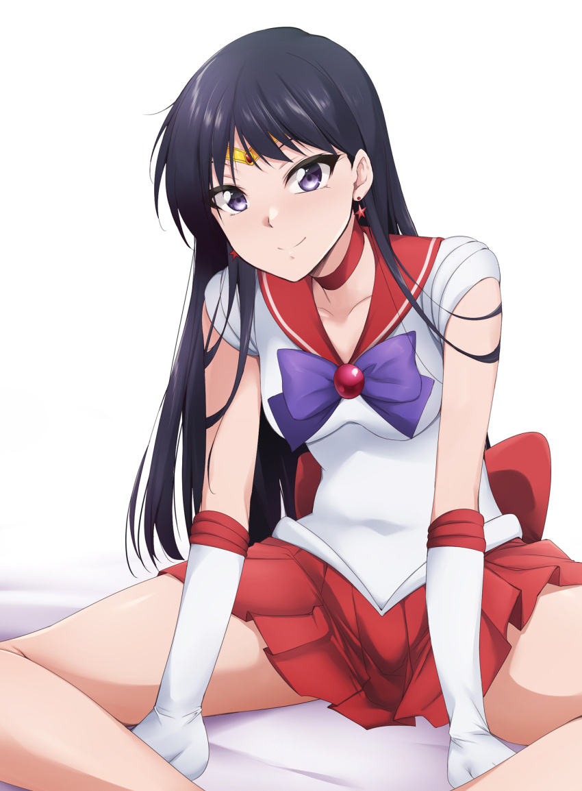 1girl back_bow bare_legs between_legs bishoujo_senshi_sailor_moon black_hair bow choker circlet closed_mouth collarbone collared_shirt earrings elbow_gloves gloves hand_between_legs highres jewelry kaiga long_hair looking_at_viewer miniskirt pleated_skirt purple_eyes red_bow red_choker red_skirt sailor_collar sailor_mars sailor_senshi_uniform sailor_shirt shiny shiny_hair shirt simple_background skirt sleeveless sleeveless_shirt smile solo straight_hair very_long_hair white_background white_gloves white_shirt