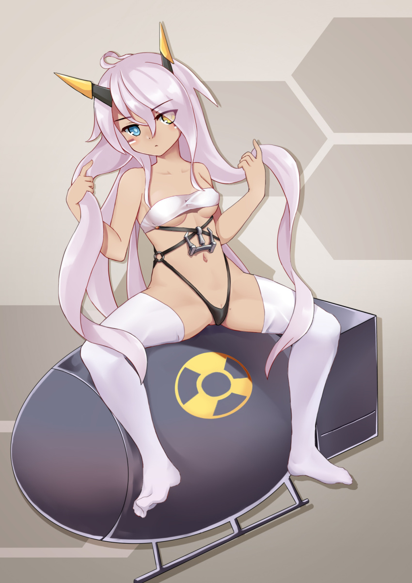 1girl ahoge azur_lane bangs black_gloves black_panties blue_eyes blush breasts closed_mouth commentary_request dark-skinned_female dark_skin expressionless eyes_visible_through_hair facepaint full_body gloves grey_shorts hair_between_eyes hand_in_own_hair heart heart_ahoge heterochromia highres horns indianapolis_(azur_lane) long_hair looking_at_viewer mechanical_horns medium_breasts micro_shorts navel no_shoes nuclear_weapon open_fly panties pink_hair pussy pussy_peek radiation_symbol shorts sitting solo the_hermit thighhighs twintails underboob underwear very_long_hair white_bandeau white_thighhighs yellow_eyes