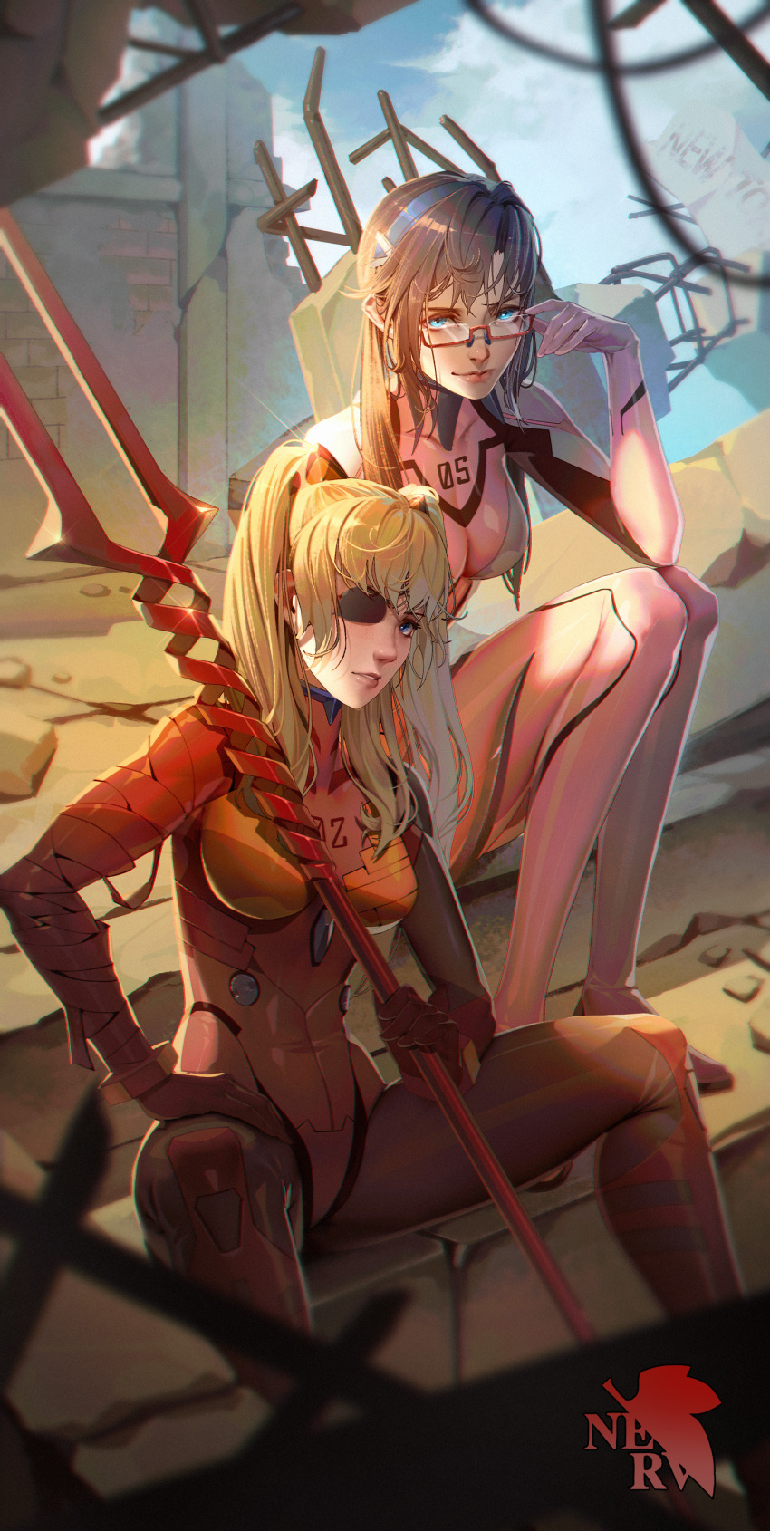 2girls absurdres baschyf blonde_hair blue_hairband blurry blurry_foreground bodysuit breasts breasts_apart brown_hair day evangelion:_3.0_you_can_(not)_redo eyepatch green_eyes hairband hand_on_lap highres holding holding_weapon lance_of_longinus long_hair looking_at_viewer looking_over_eyewear makinami_mari_illustrious medium_breasts multiple_girls neon_genesis_evangelion pink_bodysuit plugsuit rebuild_of_evangelion rectangular_eyewear red-framed_eyewear red_bodysuit ruins shiny shiny_hair sitting souryuu_asuka_langley spread_legs twintails weapon