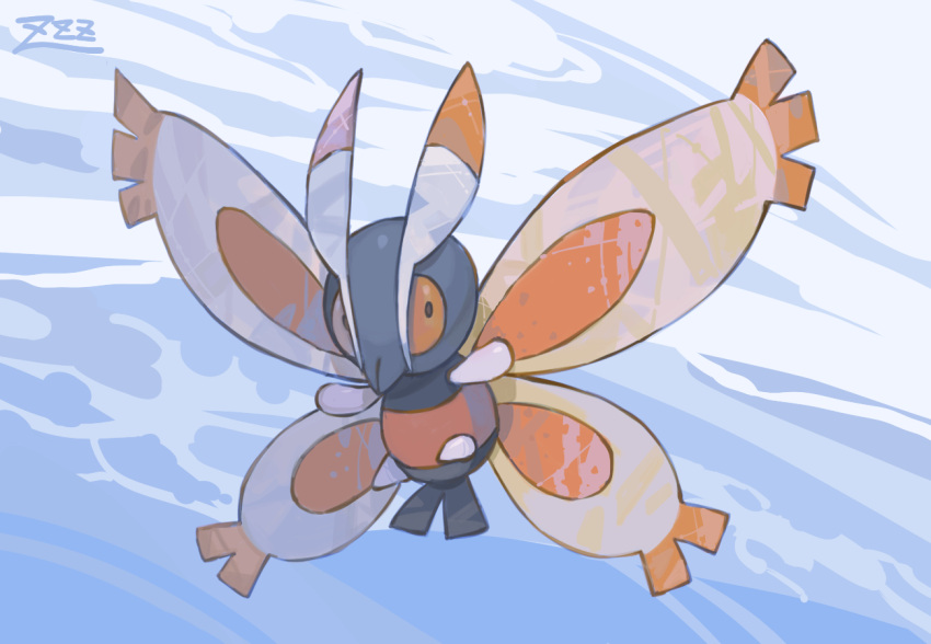 bright_pupils bug commentary_request full_body grey_background mothim no_humans orange_eyes oyasuminjyutsu pokemon pokemon_(creature) sideways_glance signature solo