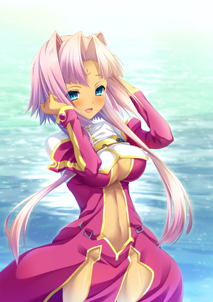 1girl absurdres arms_up blue_eyes blush breasts center_opening china_dress chinese_clothes cleavage dark-skinned_female dark_skin dress facial_mark forehead forehead_mark hair_intakes highres koihime_musou long_hair maijin_(ayisaka) navel no_panties open_mouth pink_hair red_dress smile solo sonken thighs water wind