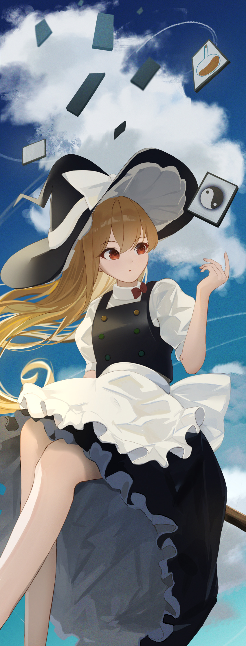 100th_black_market 1girl absurdres alternate_eye_color alternate_hair_color apron back_bow bangs black_dress black_headwear blonde_hair blue_sky bow breasts broom broom_riding brown_hair buttons card card_(medium) cloud cloudy_sky commentary_request dress flying gradient gradient_hair gradient_sky hair_between_eyes hand_up hat hat_bow highres kirisame_marisa light_brown_hair long_hair looking_to_the_side medium_breasts multicolored_hair open_mouth palulap pointing puffy_short_sleeves puffy_sleeves red_bow red_eyes shirt short_sleeves sitting sky solo test_tube touhou white_apron white_bow white_shirt witch_hat yin_yang