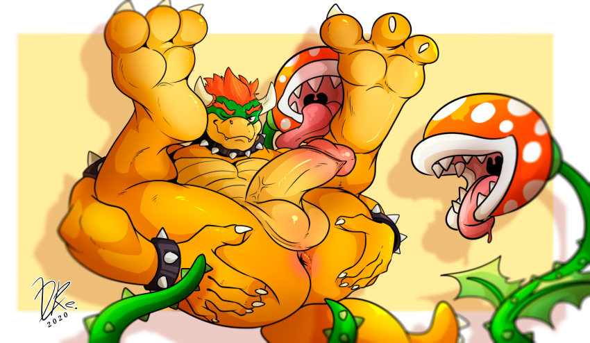 absurd_res anal anthro anus balls big_butt bowser butt chubby_male claws collar dreyol_(artist) elemental_creature erection feet flora_fauna genitals hair hi_res humanoid_genitalia king_koopa koopa male mario_bros nintendo nude pawpads paws penis piranha_plant piranha_plant(mario) plant scalie simple_background solo tentacles toes video_games