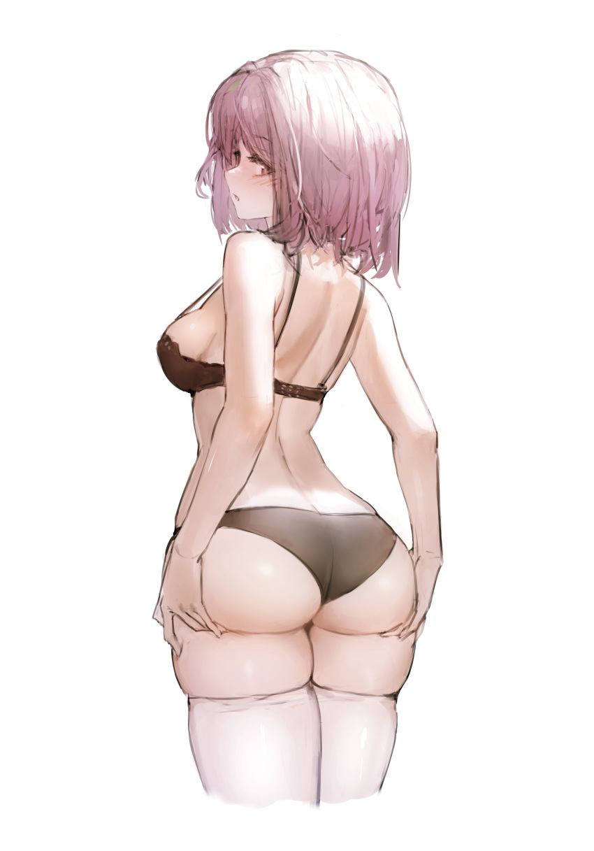 1girl absurdres ass ass_support back bare_arms bare_shoulders black_panties blush breasts brown_eyes cp_(tlstjdghek) cropped_legs fate/grand_order fate_(series) from_behind highres looking_at_viewer looking_back mash_kyrielight medium_breasts panties parted_lips pink_hair short_hair sideboob simple_background skindentation solo strap_gap thighhighs underwear underwear_only white_background white_thighhighs