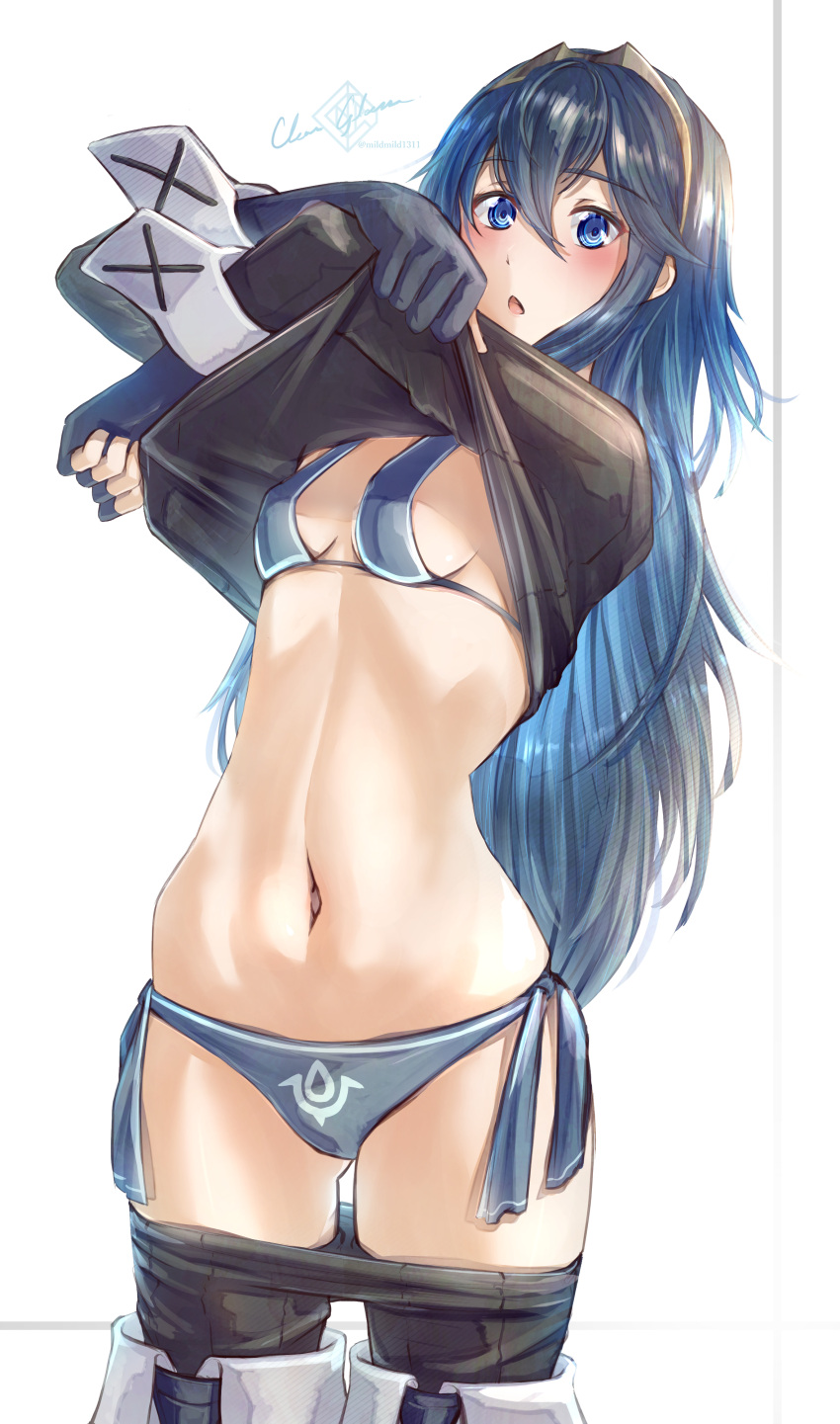 1girl absurdres bikini blue_bikini blue_eyes blue_gloves blue_hair blue_swimsuit blush boots breasts clear_glass_(mildmild1311) clothes_lift clothes_pull fingerless_gloves fire_emblem fire_emblem_awakening gloves highres leggings leggings_pull lifted_by_self long_hair long_sleeves lucina_(fire_emblem) navel open_mouth pants pants_pull print_bikini shirt_lift side-tie_bikini signature simple_background small_breasts solo swimsuit thigh_boots tiara undressing very_long_hair white_background