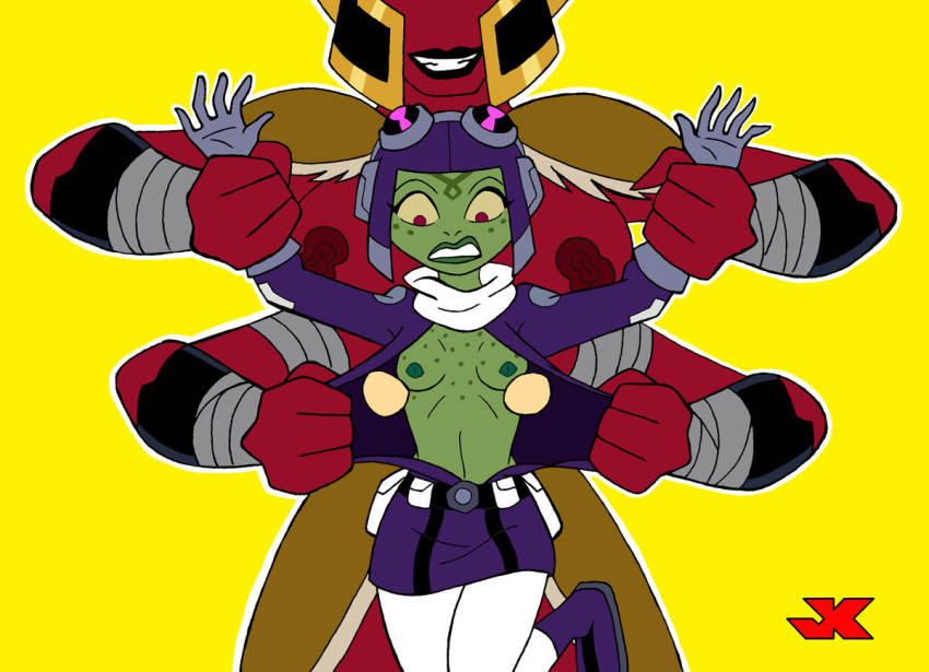 2022 4_arms alien anthro attea ben_10 breasts cartoon_network clothing duo female forced forced_exposure green_body jk looma_red_wind multi_arm multi_limb nipples not_furry omniverse red_body simple_background smile teeth undressing unusual_anatomy unusual_nipples wrist_grab yellow_background yellow_sclera