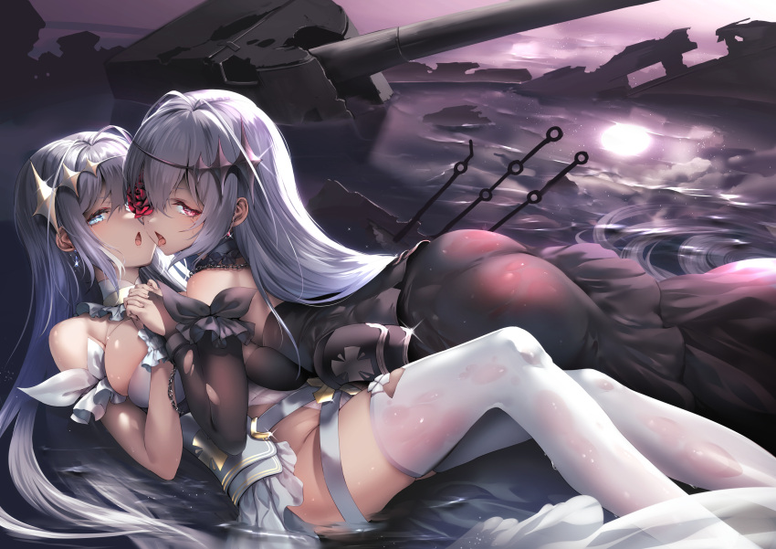 2girls :o ass azur_lane black_dress blue_eyes breast_press breasts cannon commentary_request detached_sleeves dress drop_earrings earrings emden_(azur_lane) flower flower_over_eye girl_on_top grey_hair highres holding_hands interlocked_fingers jewelry large_breasts long_hair long_sleeves looking_at_viewer lying multiple_girls on_back red_eyes red_flower red_rose reflection reflective_water rose thighhighs tongue tongue_out usuki_(graygreed) water white_dress white_thighhighs yuri