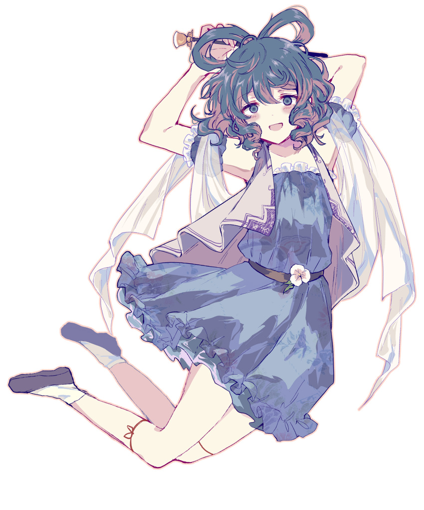 1girl :d arms_behind_head bangs black_footwear blue_dress blue_eyes blue_hair chisel dress drill_locks flower hair_ornament hair_rings hair_stick highres kaku_seiga looking_at_viewer medium_hair open_mouth short_hair simple_background smile socks solo touhou uranaishi_(miraura) white_background white_socks