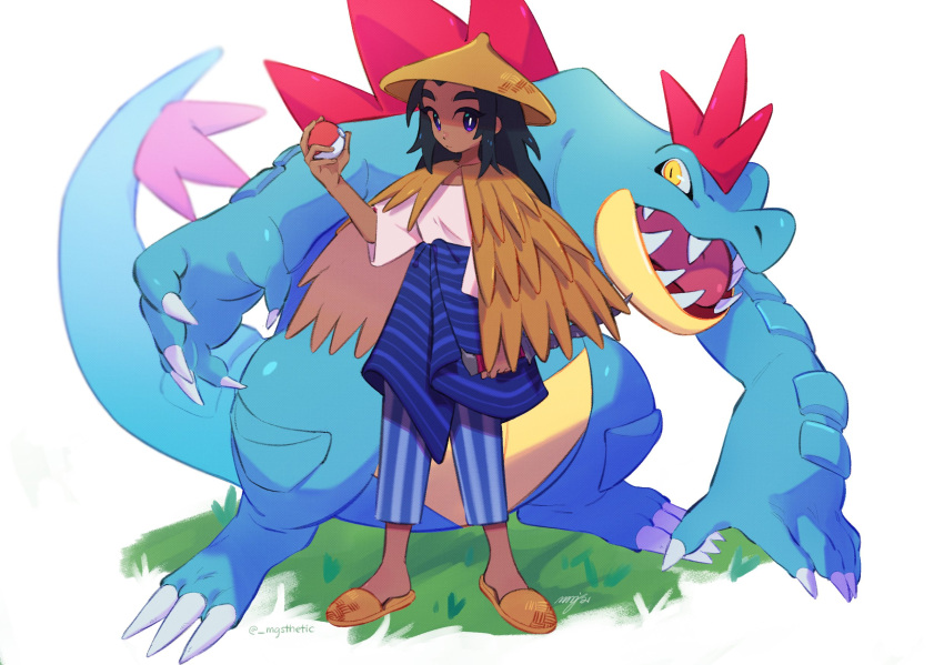 1other androgynous black_hair feraligatr grass hat highres machete margaret_h original pants poke_ball poke_ball_(basic) pokemon pokemon_(creature) purple_eyes sandals signature striped striped_pants twitter_username