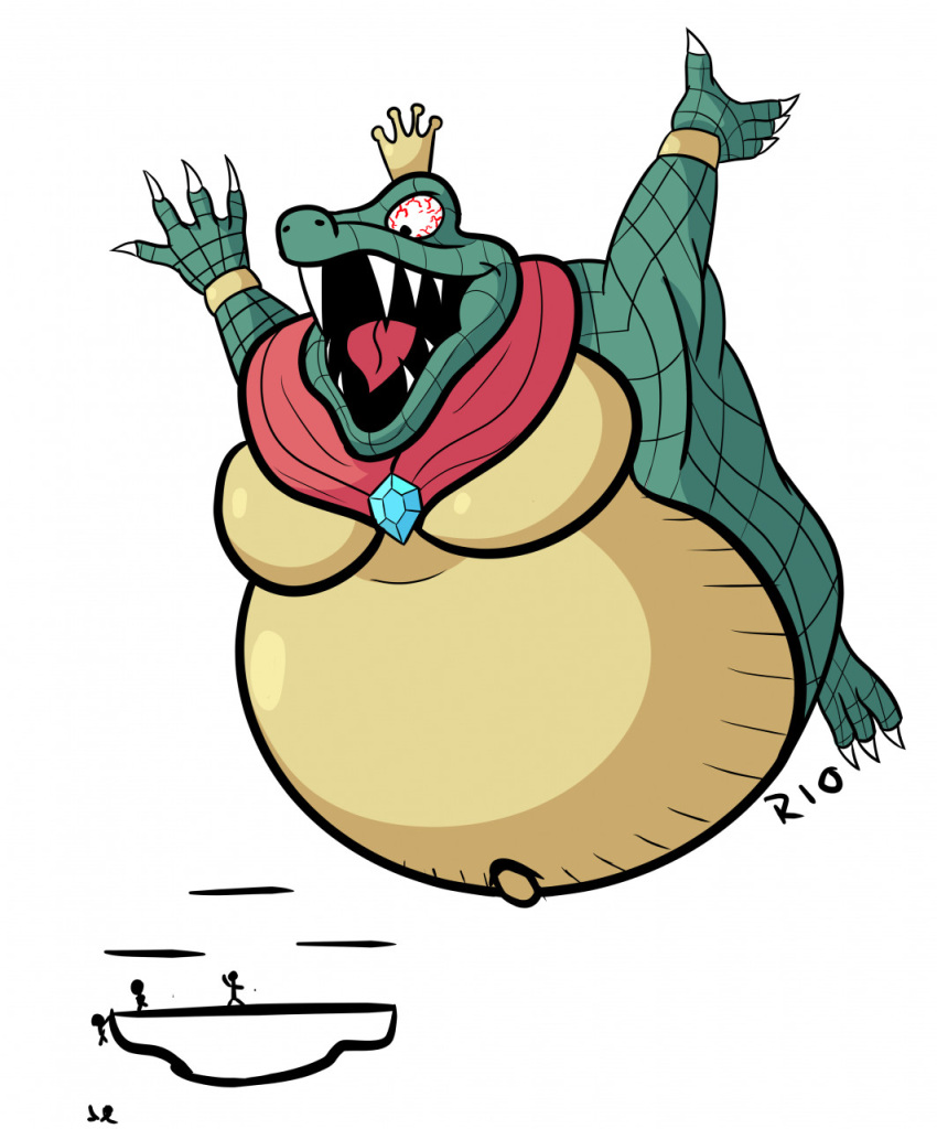 2022 action_pose anthro belly big_belly bloodshot_eyes cape claws clothing crocodilian crown donkey_kong_(series) green_body green_scales headgear headwear hi_res jewelry king_k._rool kremling looking_down male midair multicolored_body multicolored_scales navel nintendo open_mouth overweight overweight_male pecs pose reptile rio7 scales scalie shaded sharp_teeth signature simple_background solo super_smash_bros. suspended_in_midair tan_body tan_scales teeth tongue video_games white_background