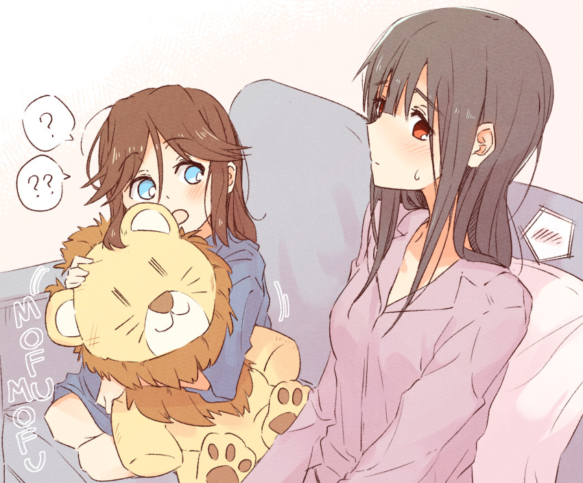 2girls bangs blue_eyes blue_hair blue_shirt blush brown_hair closed_mouth collarbone couch embarrassed hibike!_euphonium highres holding holding_stuffed_toy indoors kasaki_nozomi liz_to_aoi_tori long_hair long_sleeves looking_at_another looking_away multiple_girls open_mouth pillow pink_eyes pink_shirt ponytail sawara65 seiza shirt sitting stuffed_animal stuffed_lion stuffed_toy yoroizuka_mizore younger