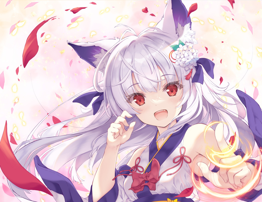 1girl :d animal_ear_fluff animal_ears bare_shoulders bow breasts commentary_request detached_sleeves fang floating_hair flower grey_hair hair_flower hair_ornament hands_up highres japanese_clothes kimono long_hair long_sleeves looking_at_viewer obi original petals red_bow red_eyes sash sleeveless sleeveless_kimono small_breasts smile solo tenmu_shinryuusai upper_body white_flower white_kimono white_sleeves