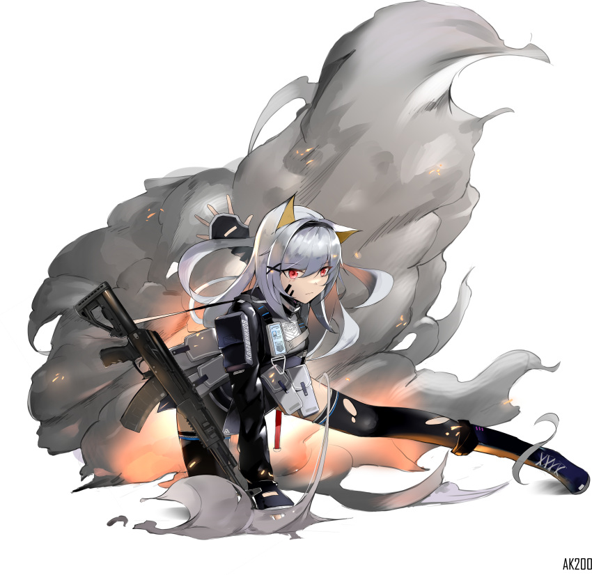 1girl absurdres ak-200 ak-200_(girls'_frontline) ammunition_belt ammunition_pouch animal_ears arm_behind_back assault_rifle bangs black_footwear black_gloves black_hairband black_jacket black_thighhighs body_armor boots breasts cat_ears character_name chinese_commentary closed_mouth concept_art concert fingerless_gloves full_body girls'_frontline gloves grey_hair griffin_&amp;_kryuger gun hair_ornament hairband hairclip hand_on_floor highres holding holding_gun holding_weapon jacket kalashnikov_rifle long_hair long_sleeves looking_away one_knee original pouch red_eyes rifle shangguan_le_hei smoke solo tactical_clothes thighhighs torn_thighhighs transparent_background weapon white_background