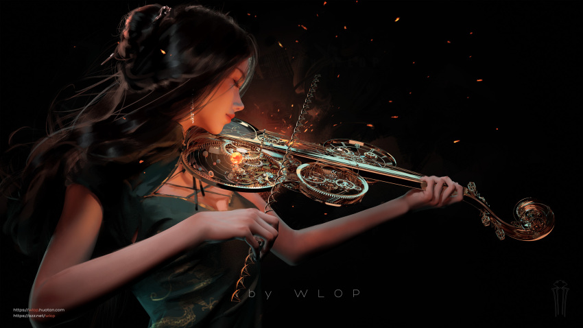 1girl artist_name black_background black_hair bow_(music) breasts china_dress chinese_clothes closed_eyes dress highres holding holding_instrument instrument long_hair original small_breasts solo violin web_address wlop