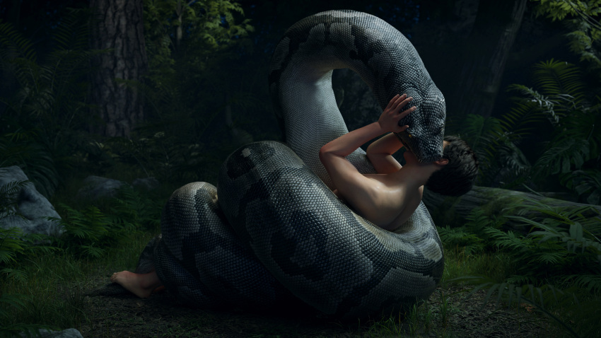 16:9 3d_(artwork) 4k absurd_res ambiguous_gender ambiguous_on_human ark_survival_evolved bestiality bite coiling detailed_background digital_media_(artwork) duo feet feral hair hand_on_head hi_res human human_on_feral interspecies ivorylagiacrus jungle kissing larger_ambiguous larger_feral lying male male/ambiguous male_on_feral mammal night nude on_back open_mouth outside passionate pinned plant pupils reptile scales scalie size_difference slit_pupils smaller_human smaller_male snake titanoboa tree video_games widescreen yellow_eyes